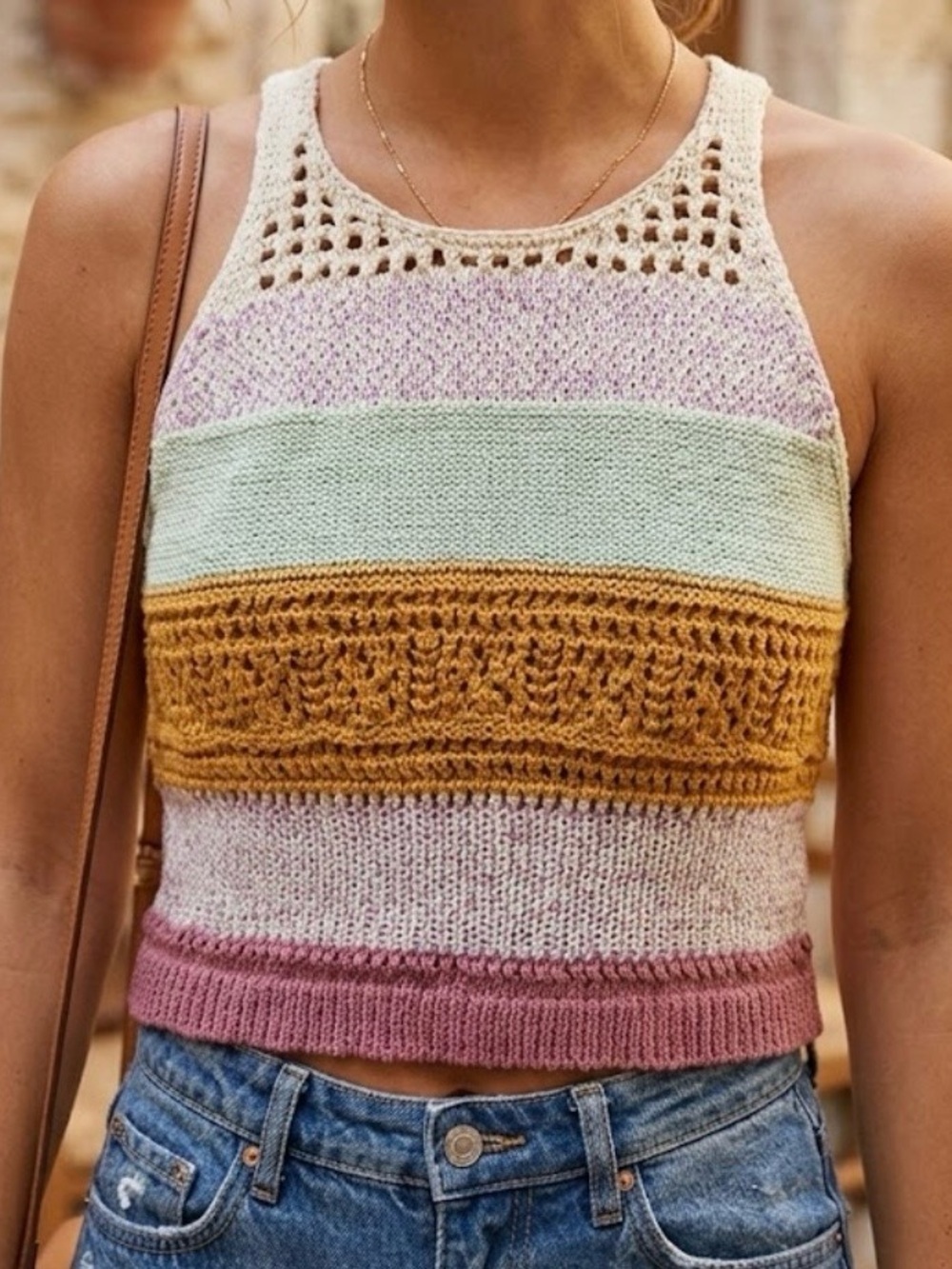 Zara Striped Knit Halter Crop Top in Cream, Pink, Mint & Mustard size 13-14